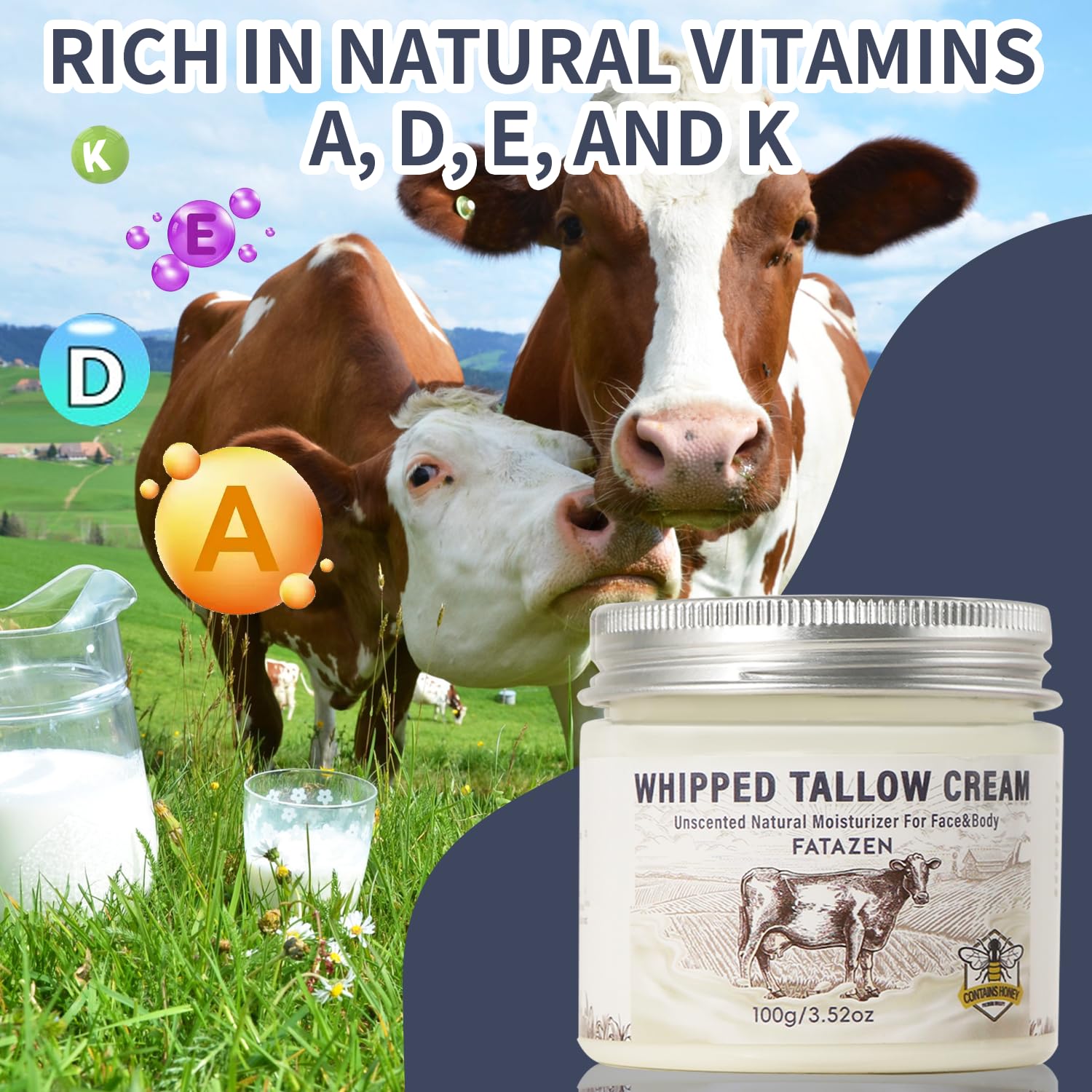 FATAZEN Grass Feed Handmade Whipped Beef Tallow Cream for Skin, Anti-Aging Skincare Face & Body Cream with Retinol & Niacinamide, Non Greasy hyaluronic acid Moisturizer for All Skin Type, 3.53 oz.
