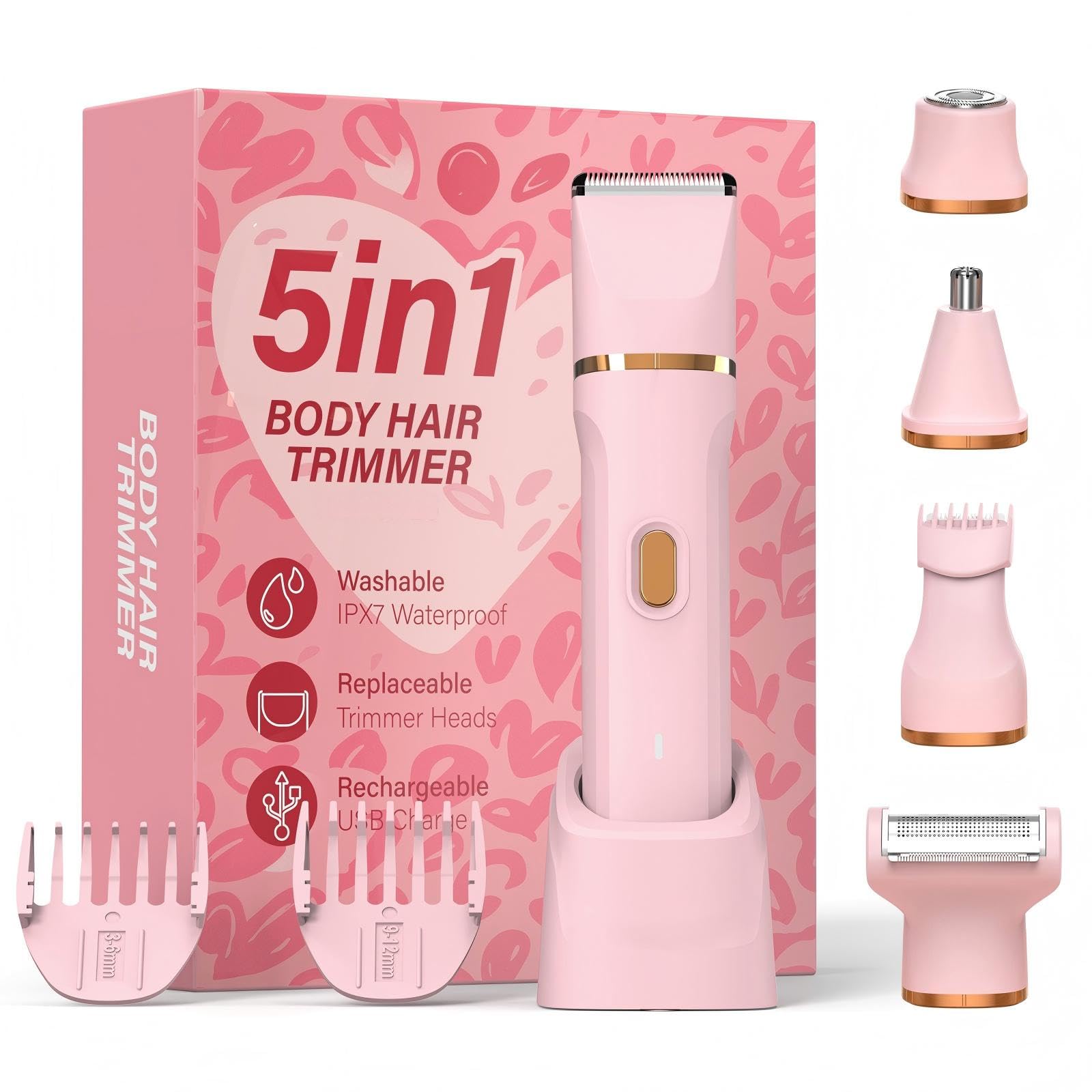 5-in-1 Bikini Trimmer for Women, Electric Razors Shaver IPX7 Waterproof, Cordless Body Hair Trimmer, Ceramic Blade, Facial & Pubic Hair Removal, Travel Portable (Pink)