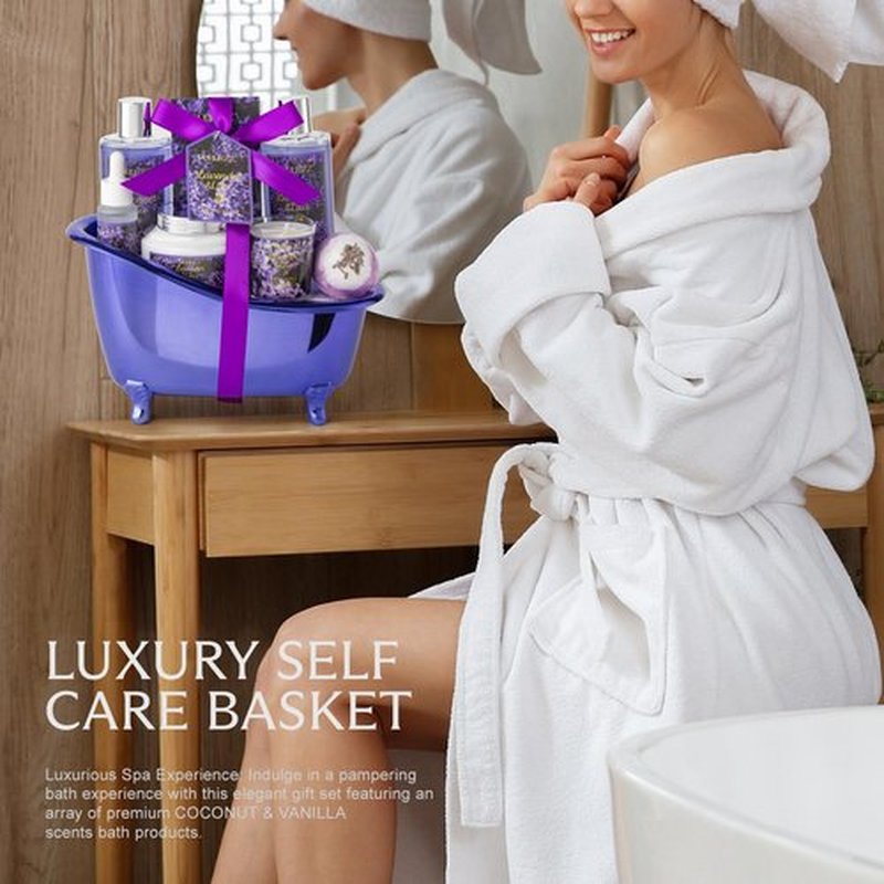 Birthday Gifts for Women, Luxury Home Spa Kit, 8pcs Lavender & Lilac Bath Gift Set, Gift Baskets for Women Unique with Bath Bombs, Sea Salt, Scented Candle, Body Lotion