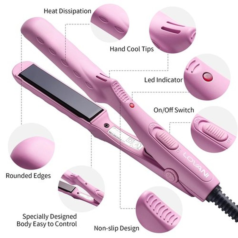 LOVANI Mini Flat Iron, Dual Voltage Travel Hair Straightener, Tourmaline Ceramic Small Flat Irons for Short Hair/Bangs (Pink, 0.5 Inch, SleekMini)