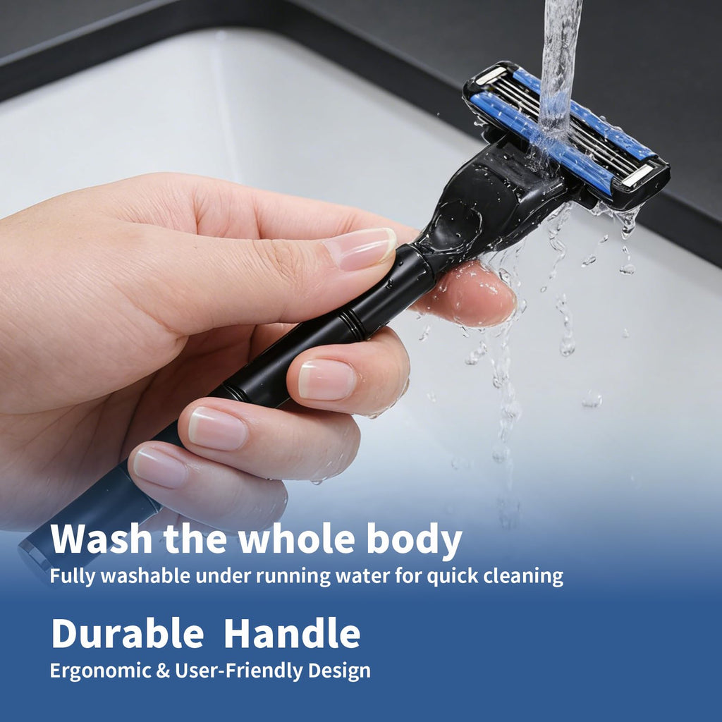FYNEDGE 3-Blade Men Razor with Lubricating Strip & Pivoting Head - Safety Razor Blades Kit Includes 1 Handle, 4 Razor Blade Refills, Wall Hook & Cleaning Brush