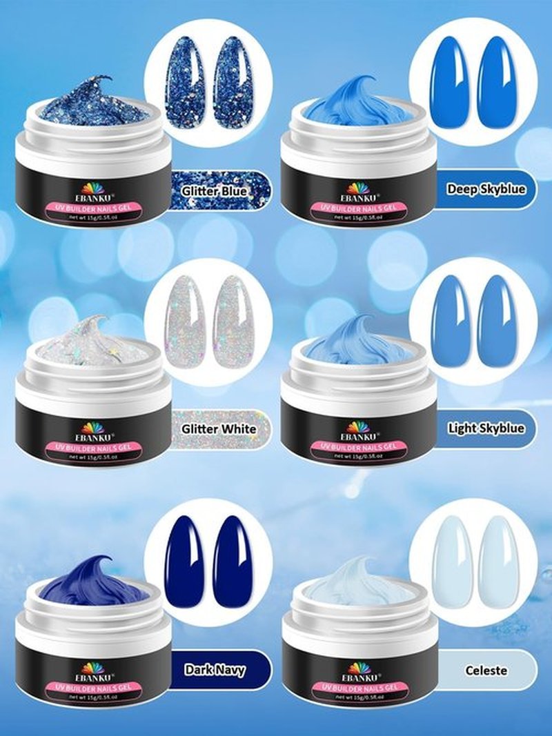 Christmas Solid Builder Gel Kit, EABNKU 6 Colors Solid Builder Gel for Nails Blue Collection Glitter Non Sticky Nail Extension 3D Sculpting for Winter Nail Starter Kit 15g*6 (3 OZ)