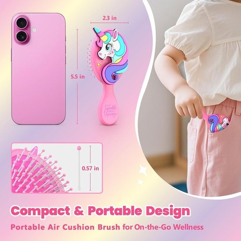 Sparkle Unicorn Toddler Hair Brush for Toddler Girls & Kids Ages 2-4+, Pink Mini Unicorn Hairbrush, Gentle Detangling brush, Wet & Dry Hair, Soft Ball-Tip Bristles for Sensitive Scalp, Travel-Friendly