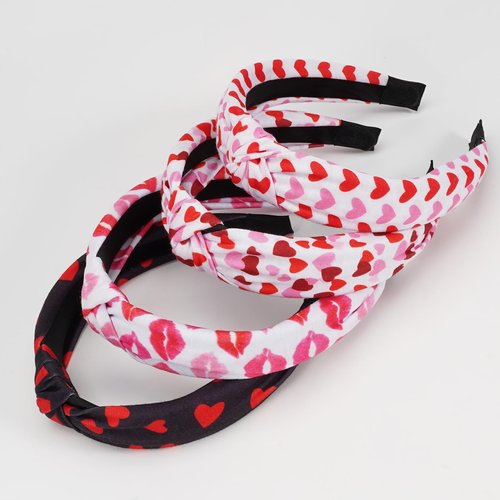 Jocbean Valentine's Day Headbands 4-Pack Knotted Hair Accessories Non Slip Pink Red Heart Wide Hairband for Women