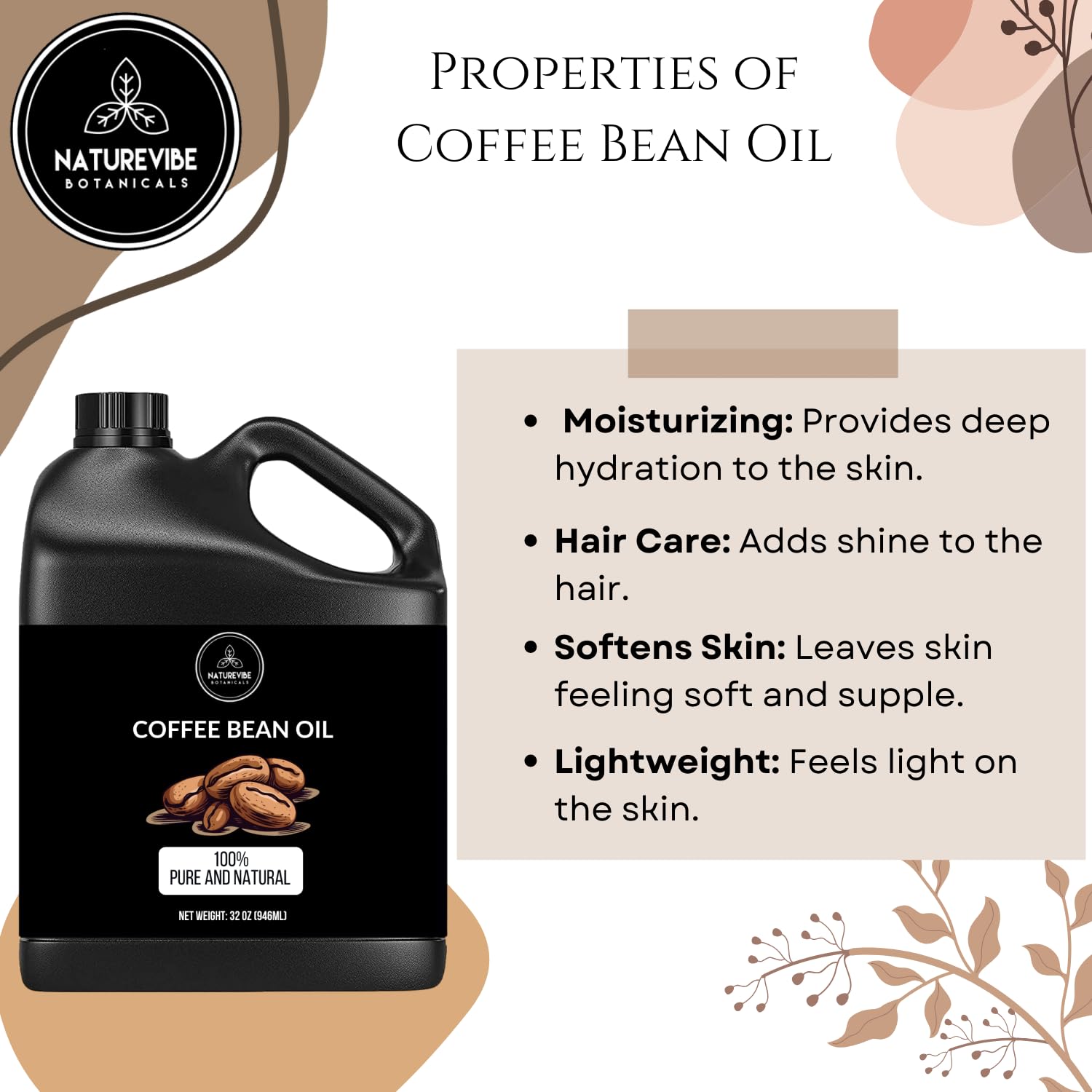 Naturevibe Botanicals Coffee Bean Oil 32 Ounces | 100% Pure and Natural | Great for Skin Care and Hair Care