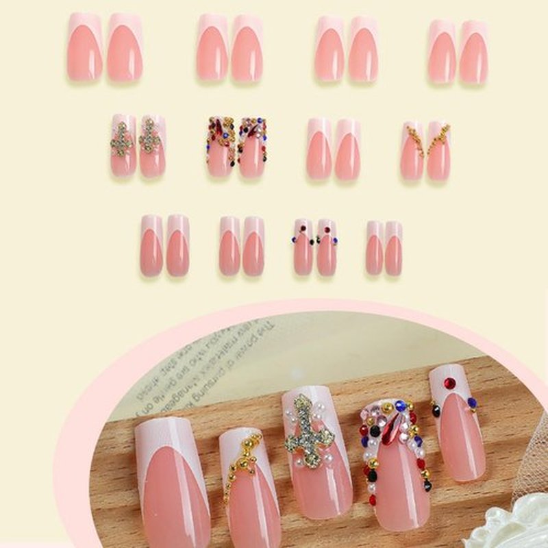 IMSOHOT French Tip Press on Nails - Long Square, Cross Charms, Colorful Rhinestone, Golden Beads Design, White Nude, Luxury, Acrylic Glossy Fake Nails Full Cover Glue on False Nails 24Pcs