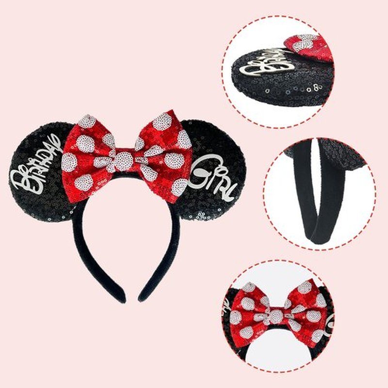 Tarocynn Birthday Mouse Ears Headband, Sequin Bow Headbands for Women Party Favors Cosplay Accessories (Black Birthday)