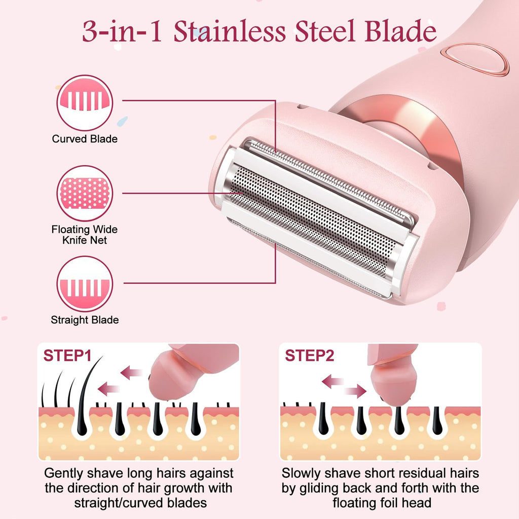 Electric Shaver for Women, SilkGlide Pro 2.0 Electric Razor for Women, Painfree Hair Trimmer with 2 Removable Heads for Sensitive Skin, IPX7 Waterproof, USB Rechargeable, Pink