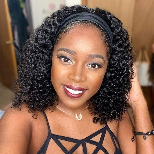Deep Wave Headband Wig Human Hair 14 Inch Curly Headband Wigs for Black Women Human Hair Glueless None Lace Front Wig Brazilian Virgin Hair Wear and Go Wigs 150% Density Natural Black Color