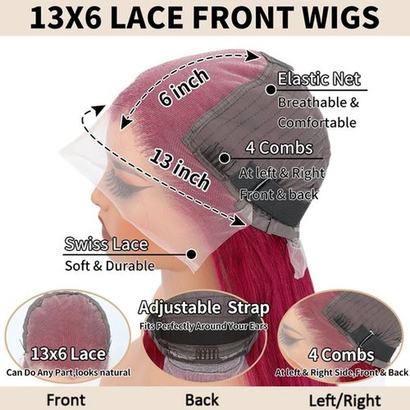 CFY Bob Wig Human Hair 13x6 HD Lace Frontal Short Straight 8 Inch Lace Front Bob Wigs Human Hair Pre Plucked Glueless 200% Density Wine Red 99J Burgundy Color