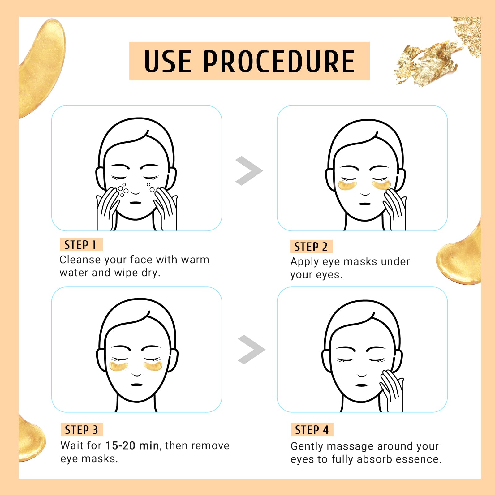 PEAUAMIE Under Eye Patchs 24k Gold Eye Mask and Hyaluronic Acid and Rose for Dark Circles and Puffiness Wrinkle Eye Bags 30 Pairs