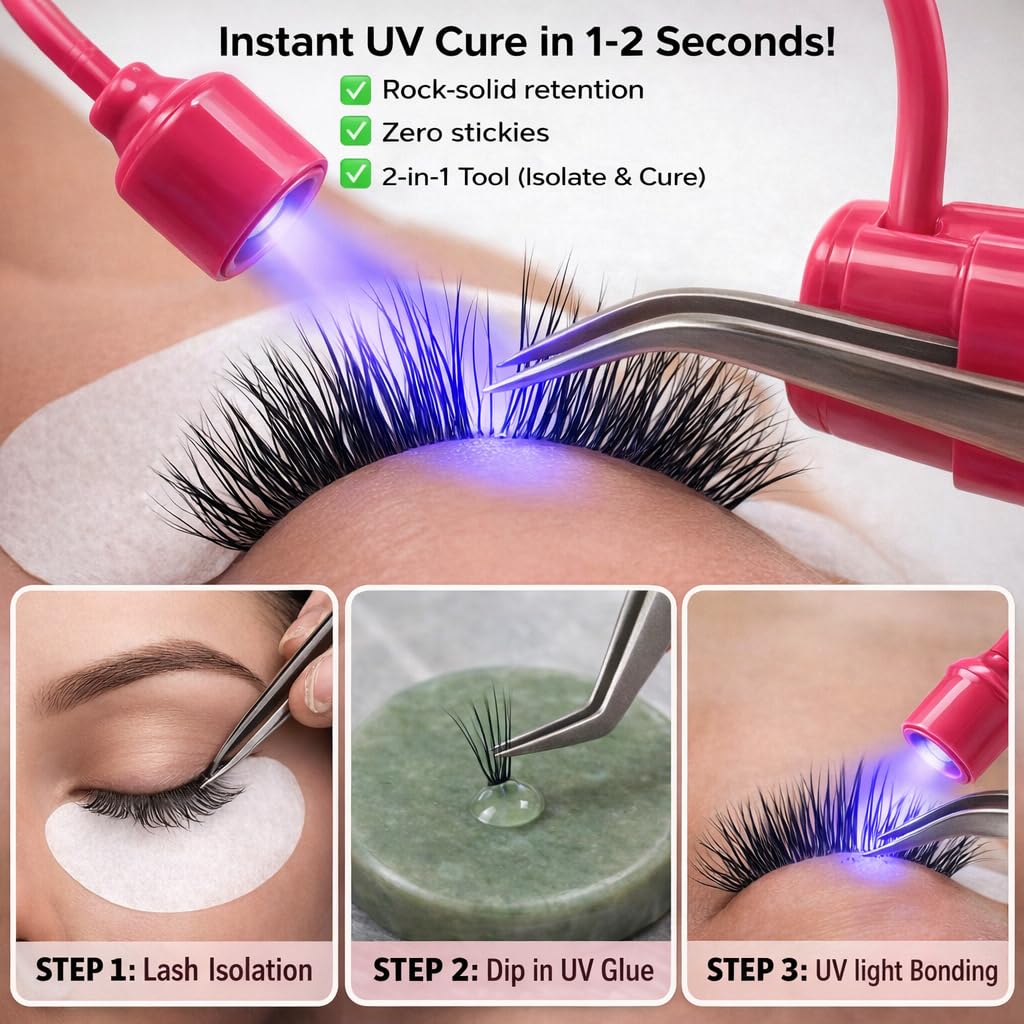 2-in-1 Mini UV Lash Light 180° Rotation Attachment for Tweezers - 1-2s Rapid Cure LED Lamp for Eyelash Extensions - Cordless, Lightweight (1 oz), Rechargeable - Eliminate Floor UV Lamps Hot Pink