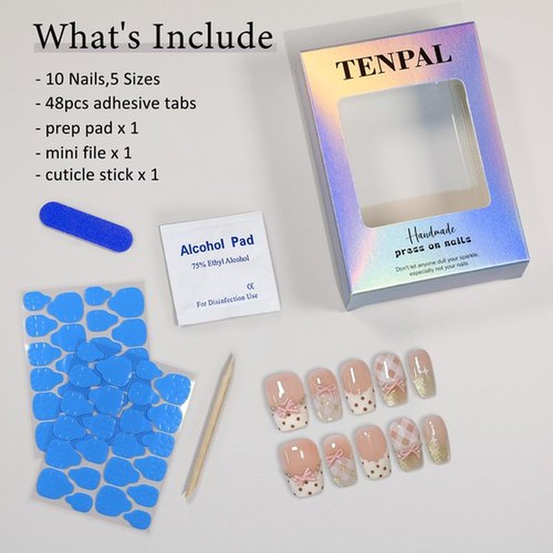 TENPAL 10Pcs Y2K Short Medium Coffin Press On Nails With Tools Kit,Light Pink Cat Eye French Fake Nails with Dot Bow Plaid Pattern,K-Beauty Acrylic Glue on Nails for Wedding Party Daily Wear(XS)