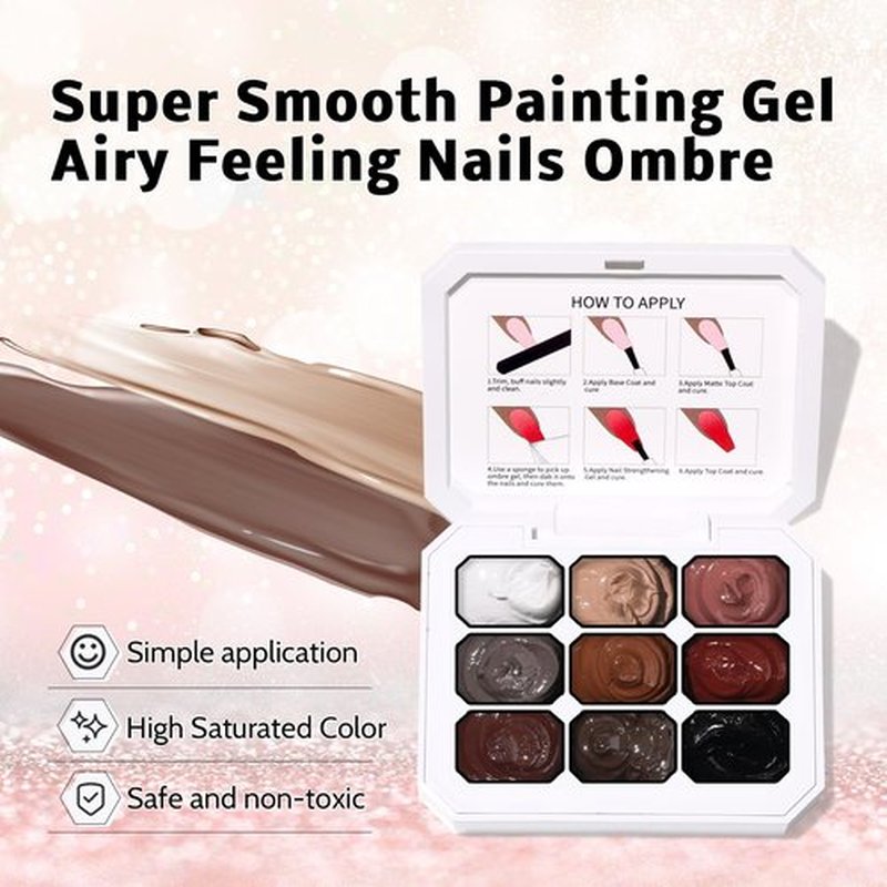 Karroy Patting Gel Nail Polish Set, 9 Colors Ombre Gel Polish Palette, 100pcs Sponges 6pcs Brushes 1 Grabber, Colors Blending Painting Nails Art, No Wipe, UV/LED Cured (Set 06)