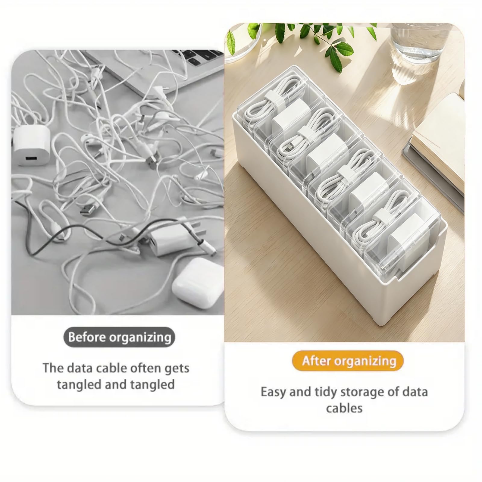 Cable Organizer Storage Box with 8 Wire Ties and Label Stickers,Desktop Charger Cable Management Box with Switch, Cord Organizer for Office,Home,Desk Accessories Storage Stationery Supplies（Clear）
