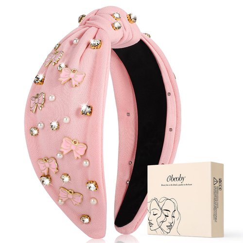 obeoby Pink Headbands for Women, Knotted Teacher Headband Non Slip Valentine's Day Bow Headband