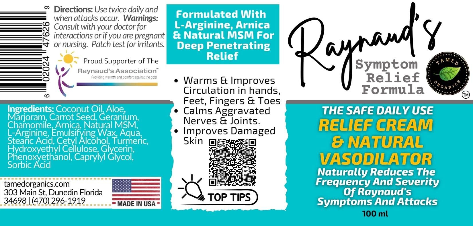 Tamed Organics Raynaud's Symptom Relief Topical Treatment Cream Get Rid of Painful Cold White Stiff Fingers and Toes. Natural Vasodilator Formula Improves Circulation and Warms Hands and feet.