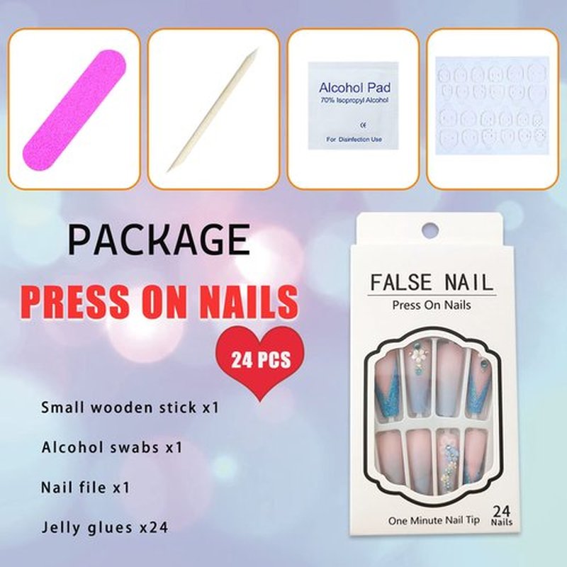 24Pcs Long Press-on Coffin Fake Nails with Flowers Designs, Full Cover Acrylic Matte False Nails Gradient with Rhinestones, Stick-on Nails for Women