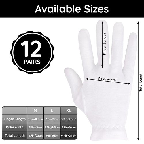 Segbeauty 24 Count White Cotton Hand Gloves with Elastic Band, Extra Large Lotion Moisturizing Gloves (12 Pairs) for Men and Women, Dry Skin Care Overnight Sleeping Gloves