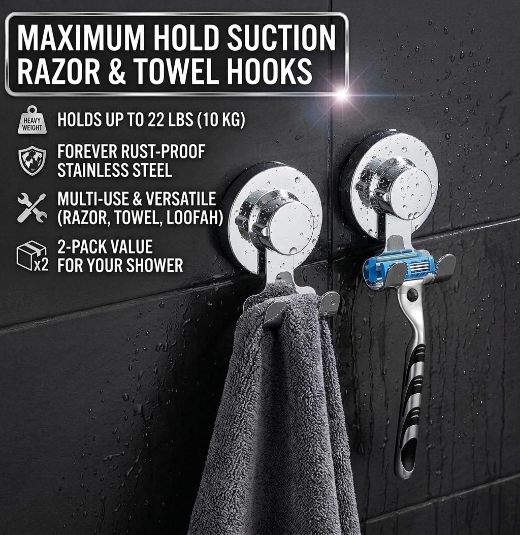 Suction Cup Hooks Razor Holder Powerful Vacuum Organizer for Towel, Razor, Coat, Bathrobe and Loofah 304 Stainless Steel Removable Hooks for Bathroom & Kitchen, Towel Hanger Storage (Silver)