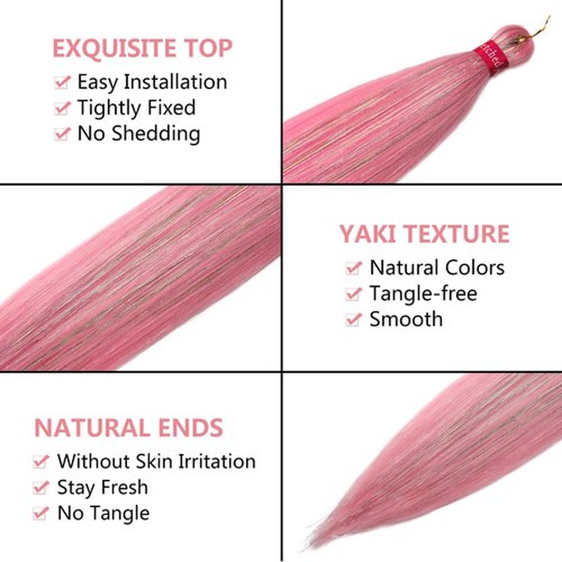 Pink with Tinsel Braiding Hair Pre Stretched 2 Packs 26 Inches Box Braids Hair Extensions Synthetic Pre Stretched Braiding Hair
