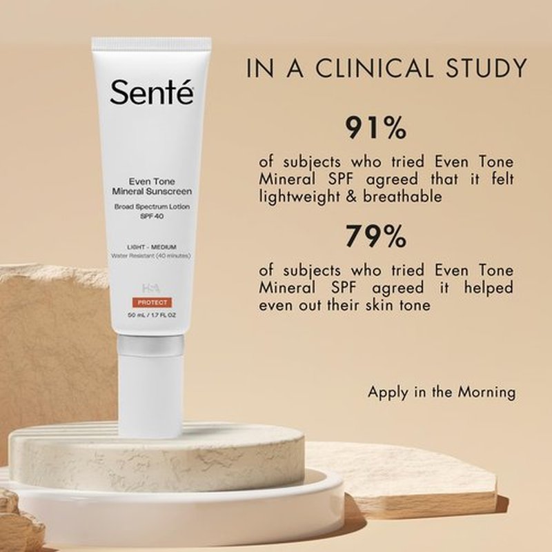 Senté Even Tone Mineral Sunscreen Tinted | SPF 40 Light-Medium | Hydrating, Lightweight Sun Protection Treatment for Redness & Discoloration | UVA/UVB & Blue Light Defense | 1.7 oz