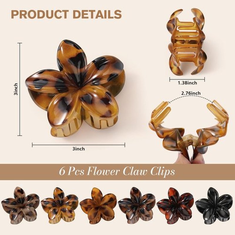 6 PCS Tortoise Flower Hair Clips for Women Girls, Large Hawaiian Flower Claw Clips for Thick Hair, Big Plumeria Jaw Clips, Strong Hold Non Slip Hair Accessories, Tortoise, Black