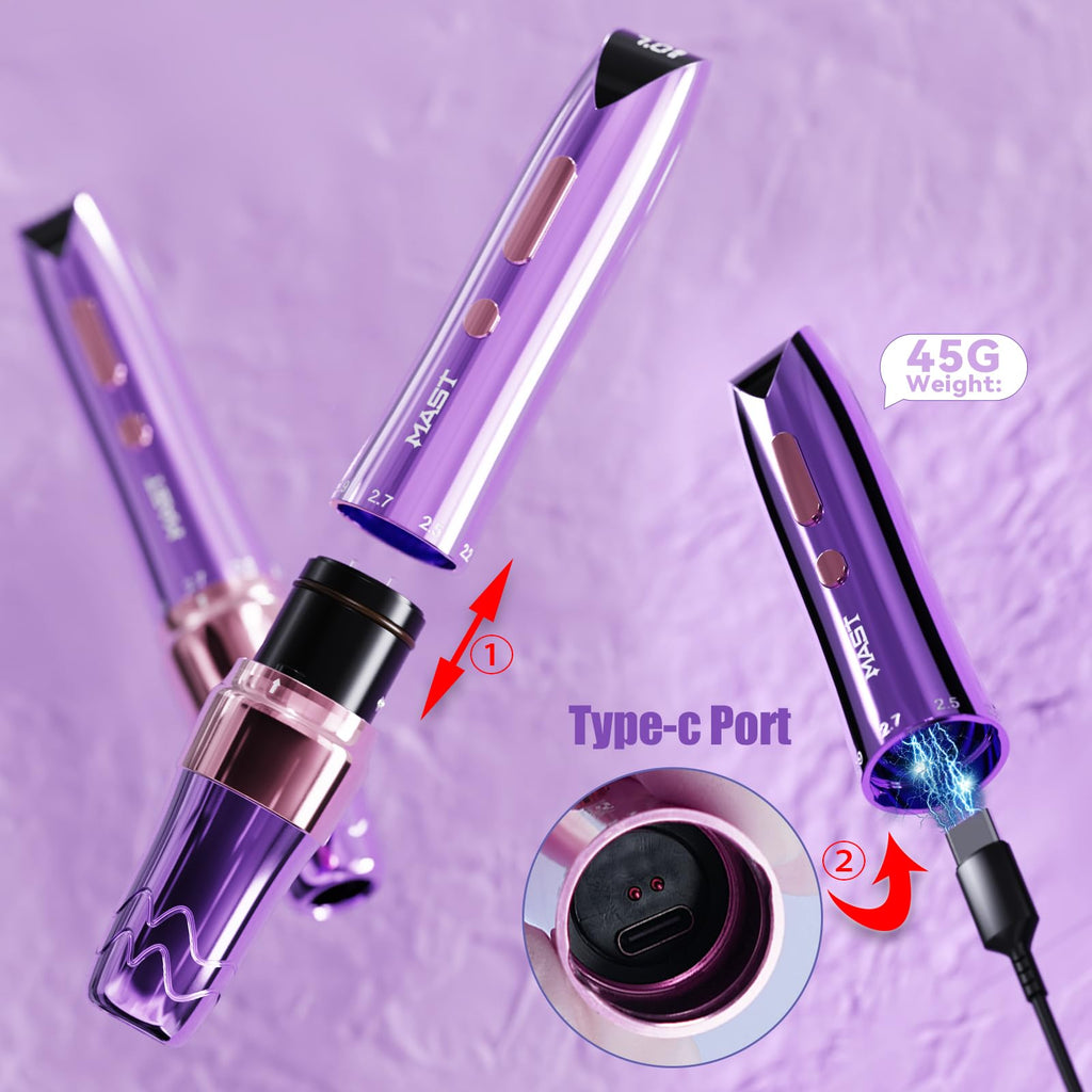 Mast P60 Tattoo Gun Wireless Tattoo Pen Machine, 5 Strokes Length 2.2mm - 3.2mm, 121g/4.2oz Lightweight, Pink Color for Pro Artists