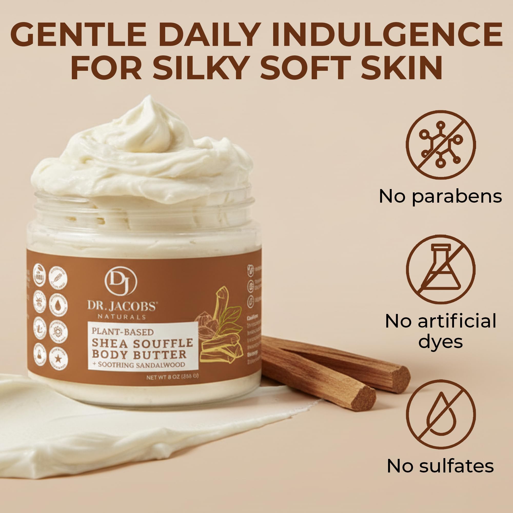 Dr. Jacobs Naturals Shea Soufflé Body Butter for Men and Women - Whipped Shea Butter for Skin Moisture and Softness Without Thick, Greasy Feel - Plant-Based Gentle Formula with Soothing Sandalwood