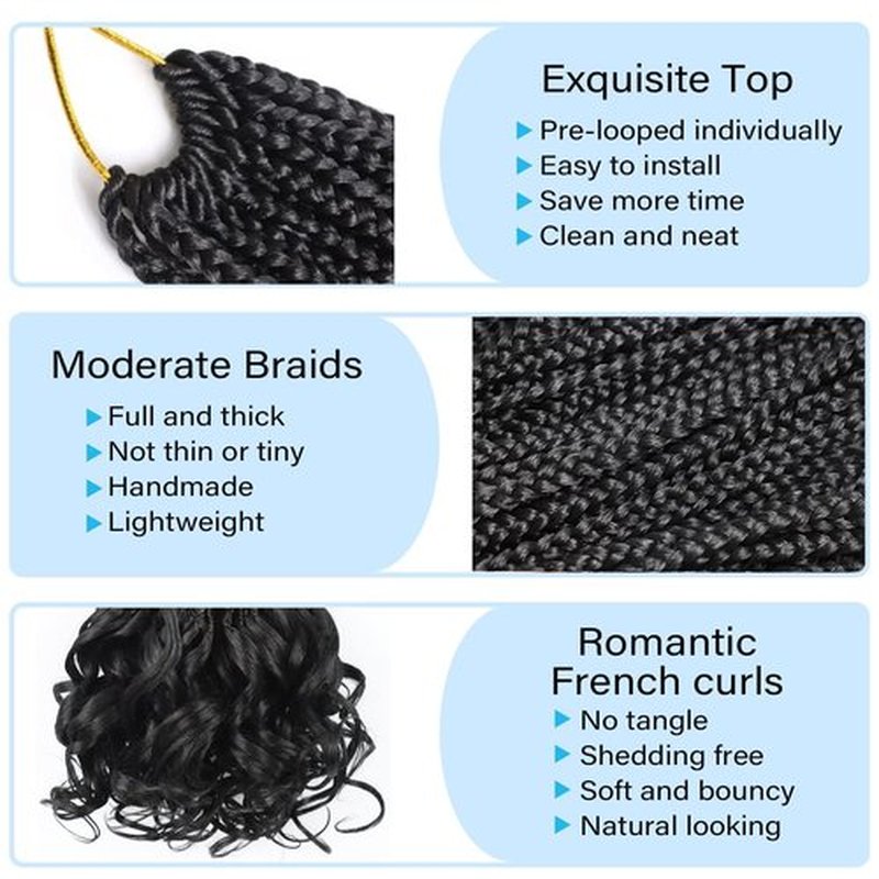 French Curl Braiding Hair 8 Inch French Curl Crochet Braids with Curly Ends Short Crochet Hair for Women Kids French Curly Braiding Hair Box Braids Crochet Hair Pre Looped French Curl Braids (1B)