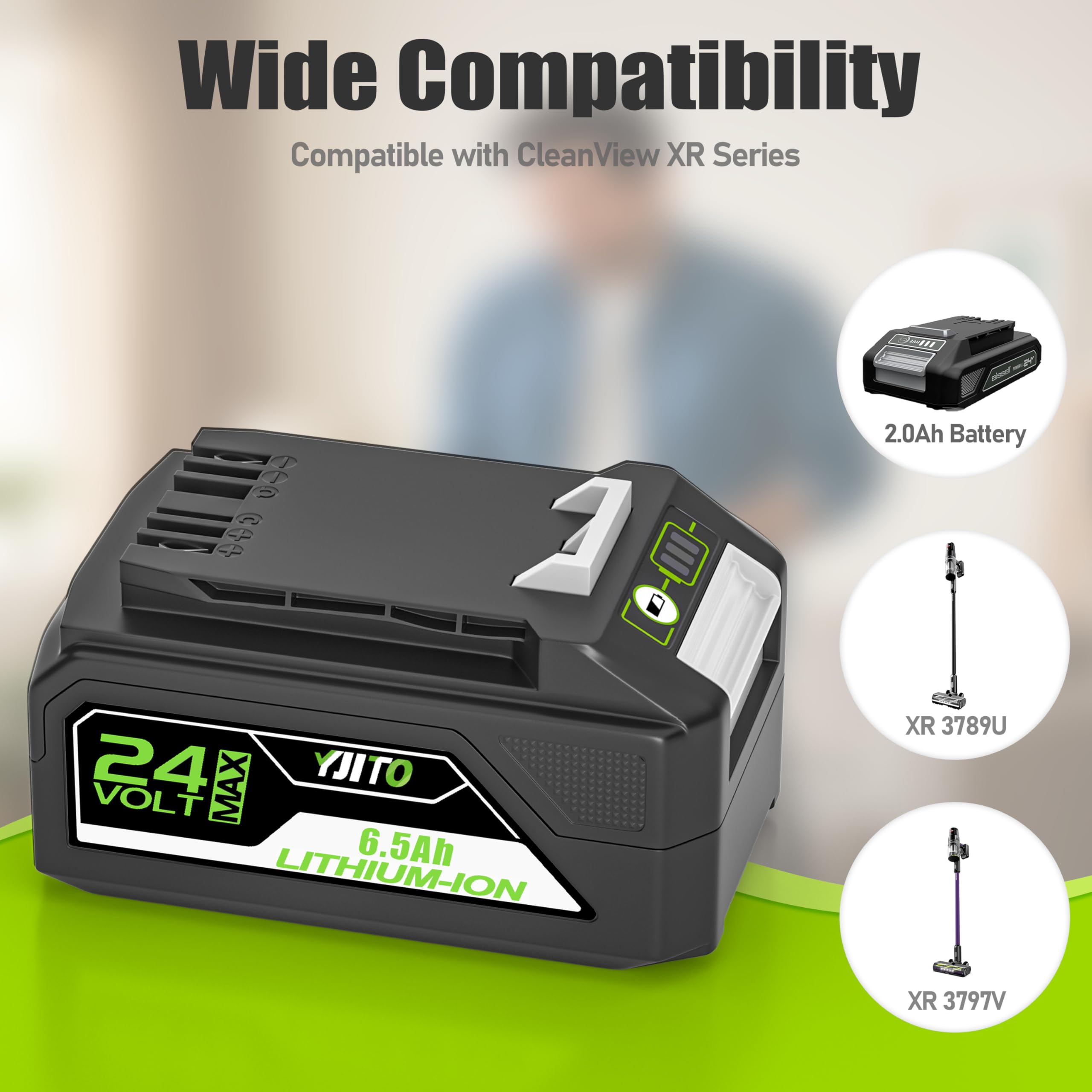 YJITO Upgraded 24V 6.5Ah Replacement Battery with 51.6W Rapid Charger for Bissell CleanView XR 4054,Compatible with Bissell CleanView XR Series Vacuum 3789U, 3797V