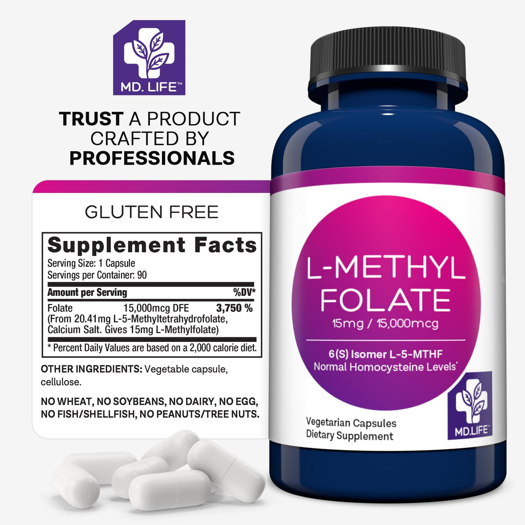 MD Life L-Methylfolate 15 mg Supplement - Professional-Grade Active LMethylfolate Supplement - 90 Capsules - L-Methylfolate 15mg - Maximum Potency MTHFR w/Essential Amino Acids