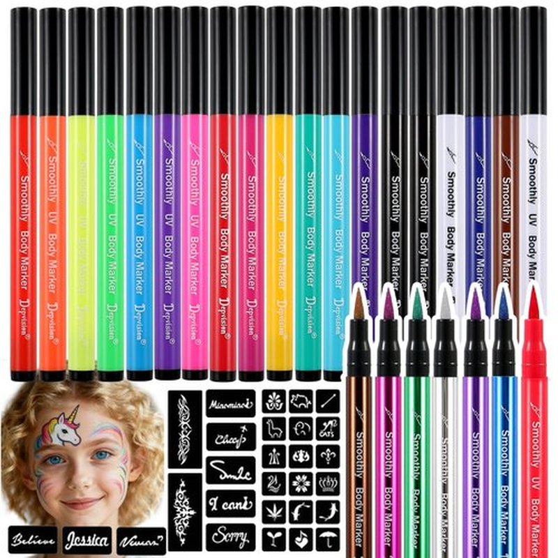 26 Colors Temporary Tattoo Markers for skin Body Marker Face Paint Pen, Face Painting Markers 138 pcs Tattoo Stencils for Adults, Glitter&Matte & Neon Glow Washable Cosmetic-Grade Body Art Pen