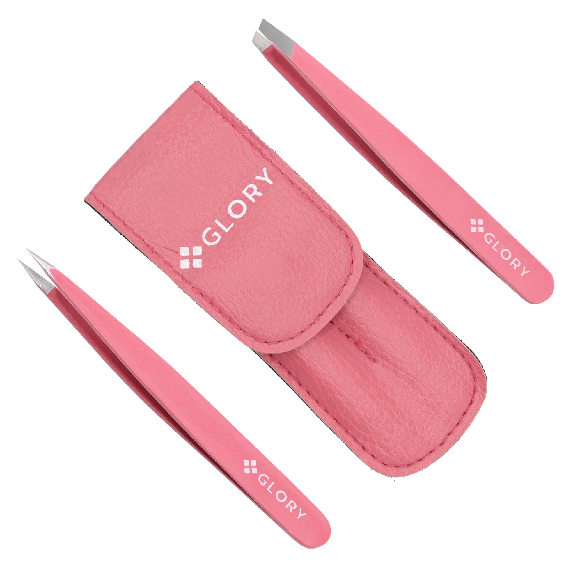Glory Professional Precision Eyebrow Tweezers Series, Premium Stainless Steel Slanted & Pointed Hair Pluckers for Ingrown Hair, Splinters & Facial Grooming (Tweezers Set (Pink))