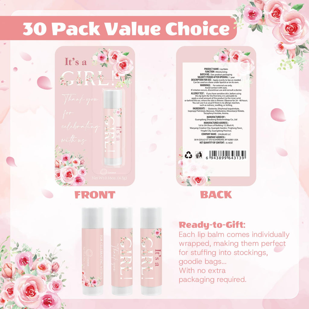 30 Pack It's a Girl Gifts Lip Balms Rose Girl Blush Pink Shower Party Favors Bulk for Guests Gender Reveal Games Winners Prizes Birthday Souvenirs Gift Bags Stuffers Lip Sticks for Chapped Lips