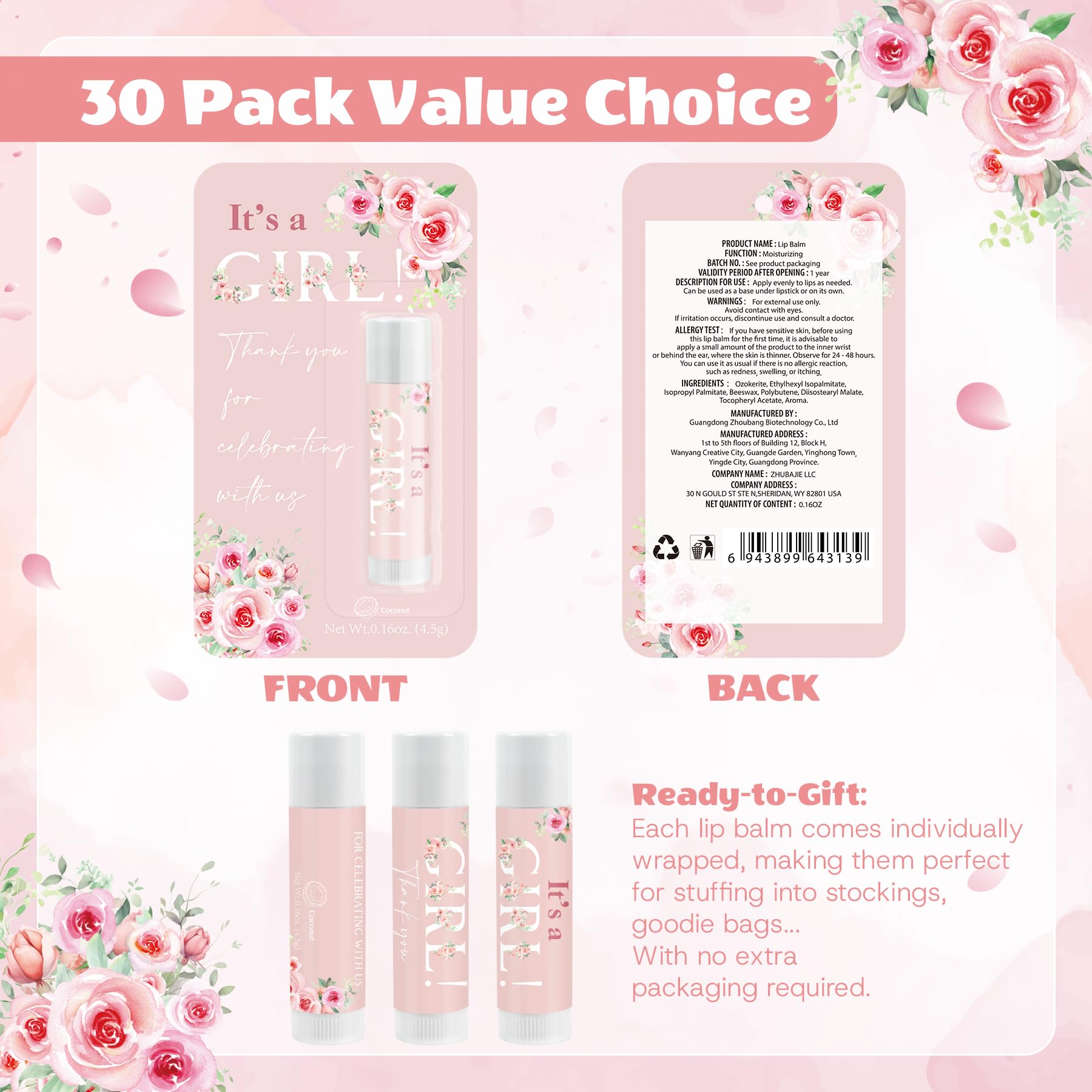 30 Pack It's a Girl Gifts Lip Balms Rose Girl Blush Pink Shower Party Favors Bulk for Guests Gender Reveal Games Winners Prizes Birthday Souvenirs Gift Bags Stuffers Lip Sticks for Chapped Lips