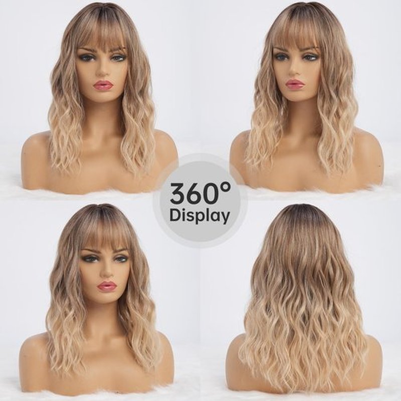 simkaylee Wavy Long Ombre Blonde Wigs with Bangs for Women Medium Middle Length Blond Wig Synthetic with Water Wave Fringe Womens Heat Resistant Hair Wig for Daily Party Use (16inch)