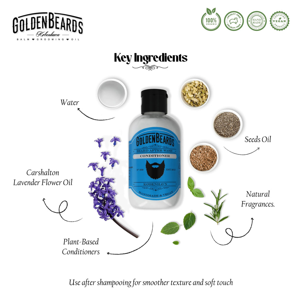 Golden Beards Beard Wash Set or single – Organic Beard Shampoo & Conditioner for Men, 100ml Each – Nourishing Jojoba & Oils with Carshalton Lavender Scent, Vegan & Handmade in Denmark (Conditioner)