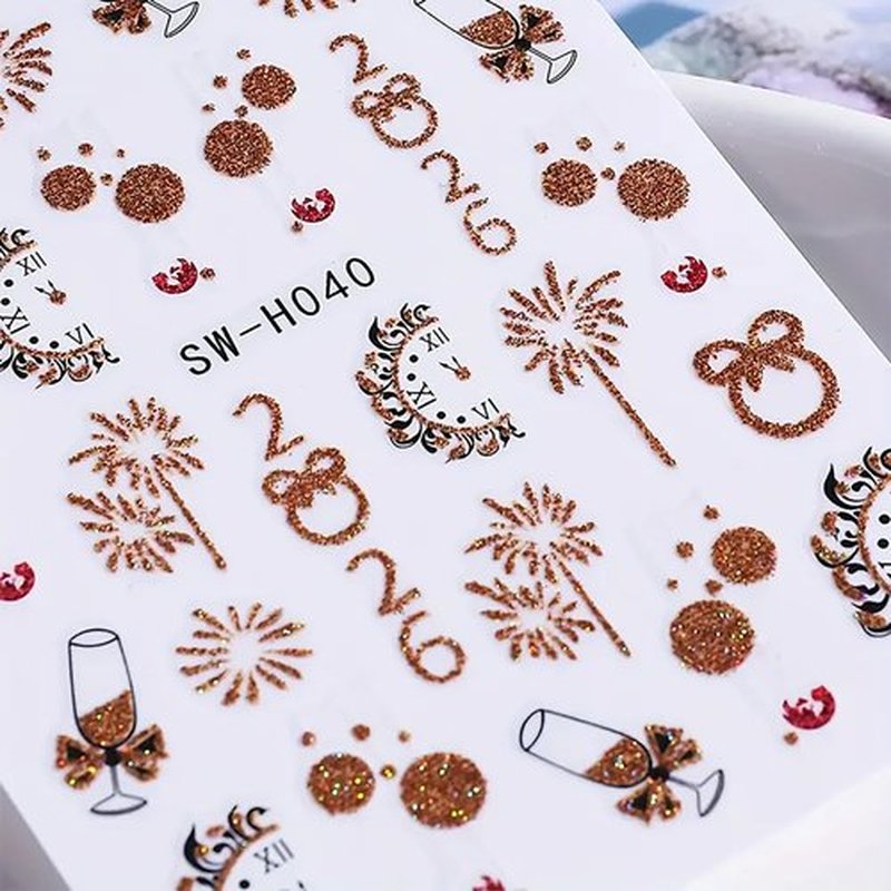 6Pcs Christmas Nail Art Stickers Decals 2026 New Year Fireworks Clock Nail Design Stickers Winter Xmas Nail Art Supplies 3D Self Adhesive Glitter Nail Decals Holiday Manicure Accessories for Women