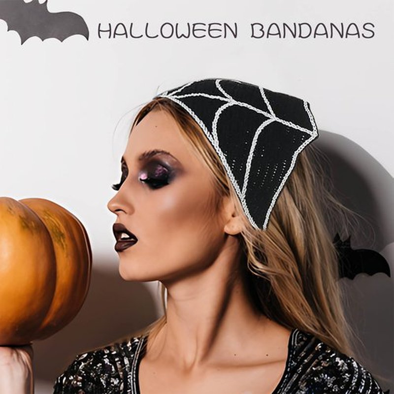 Acenail Halloween Headbands Black Skull Crochet Bandanas Headband Spider Web Triangle Hairband Gothic Head Scarf Tie Back Head Wraps Halloween Hair Accessories for Women 2Pcs (Black A, One Size)