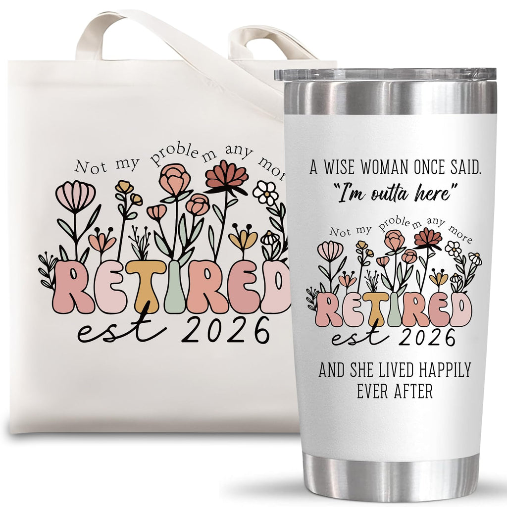 Physkoa EST2026 Retirement Gifts for Women-–Funny Retirement Gift for Retiring Boss/Coworker/Teacher/Nurse/Mom-Includes Insulated Tumbler & Canvas Tote Bag,Perfect for Happy Retirement Celebration