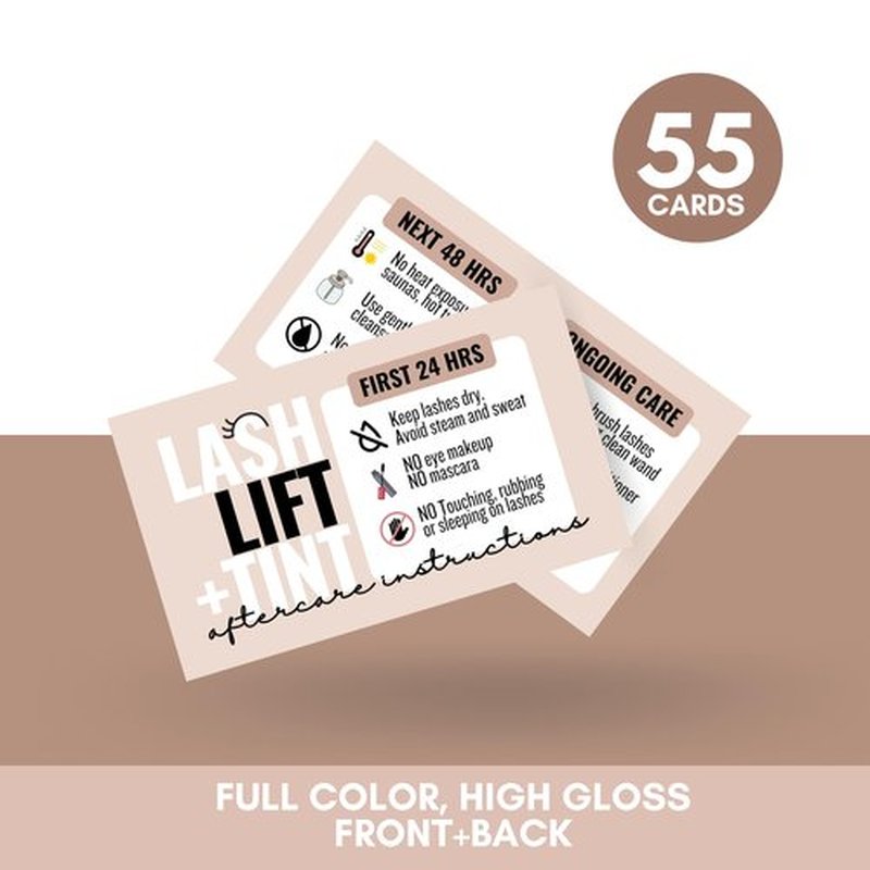 Cute Modern Lash Lift and tint Aftercare Cards - 55 Cards - Full Color high gloss front and back great for lash artist - lash lift aftercare - eyelash aftercare (Tan)