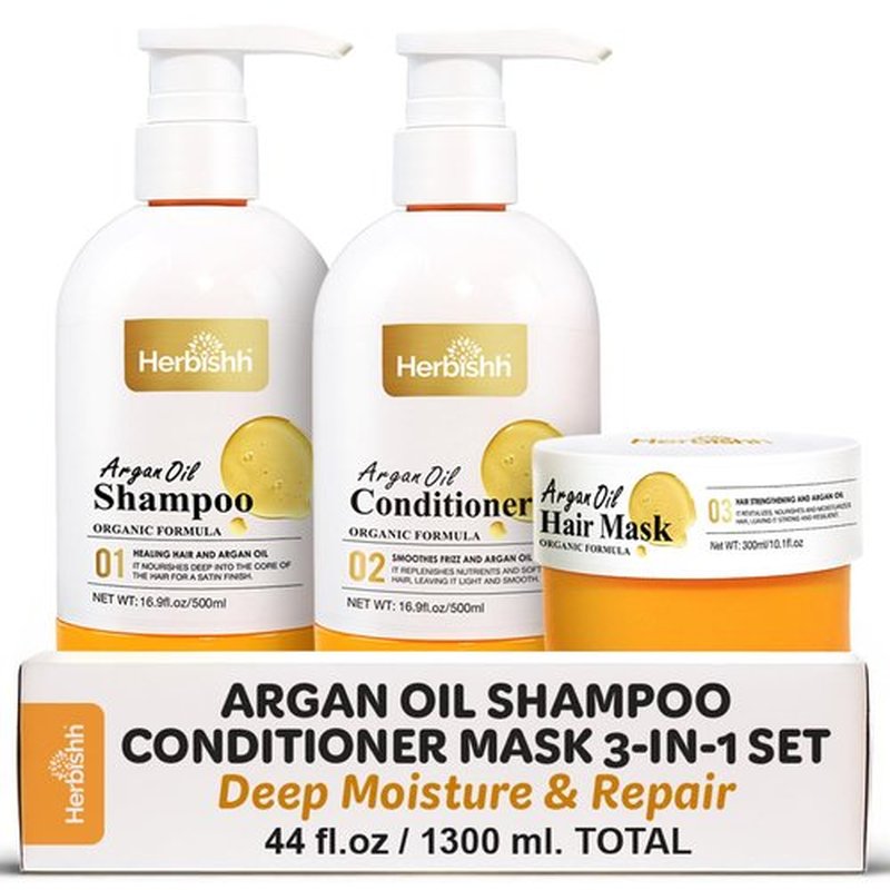 Herbishh Moroccan Argan Oil Shampoo and Conditioner Set with Hair Mask, Moisturizing & Deep Cleansing Kit For Dry, Damaged, Frizzy Hair, Color Safe & UV Protection 16.9fl.oz + 16.9fl.oz + 10.1 fl.oz
