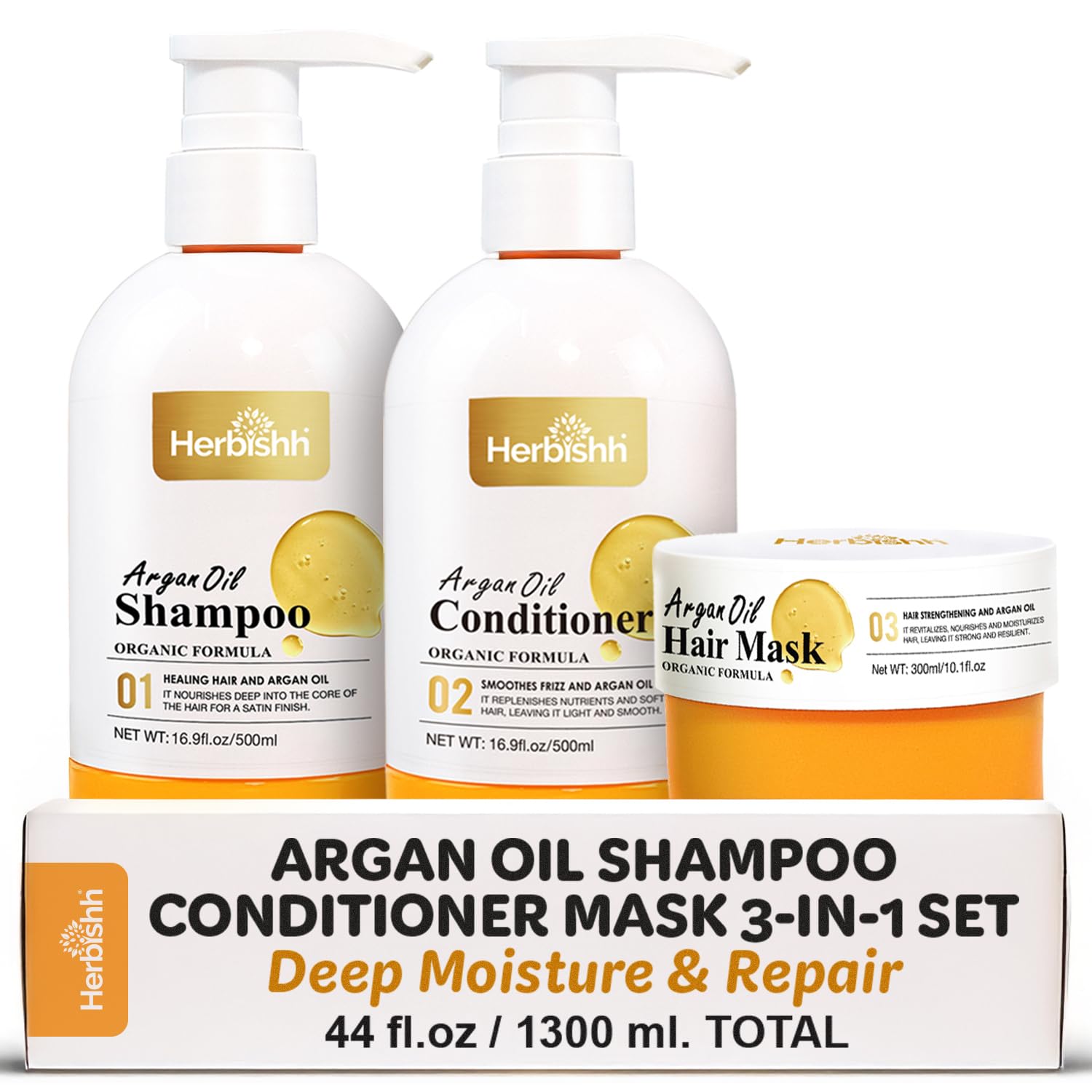 Herbishh Moroccan Argan Oil Shampoo and Conditioner Set with Hair Mask, Moisturizing & Deep Cleansing Kit For Dry, Damaged, Frizzy Hair, Color Safe & UV Protection 16.9fl.oz + 16.9fl.oz + 10.1 fl.oz