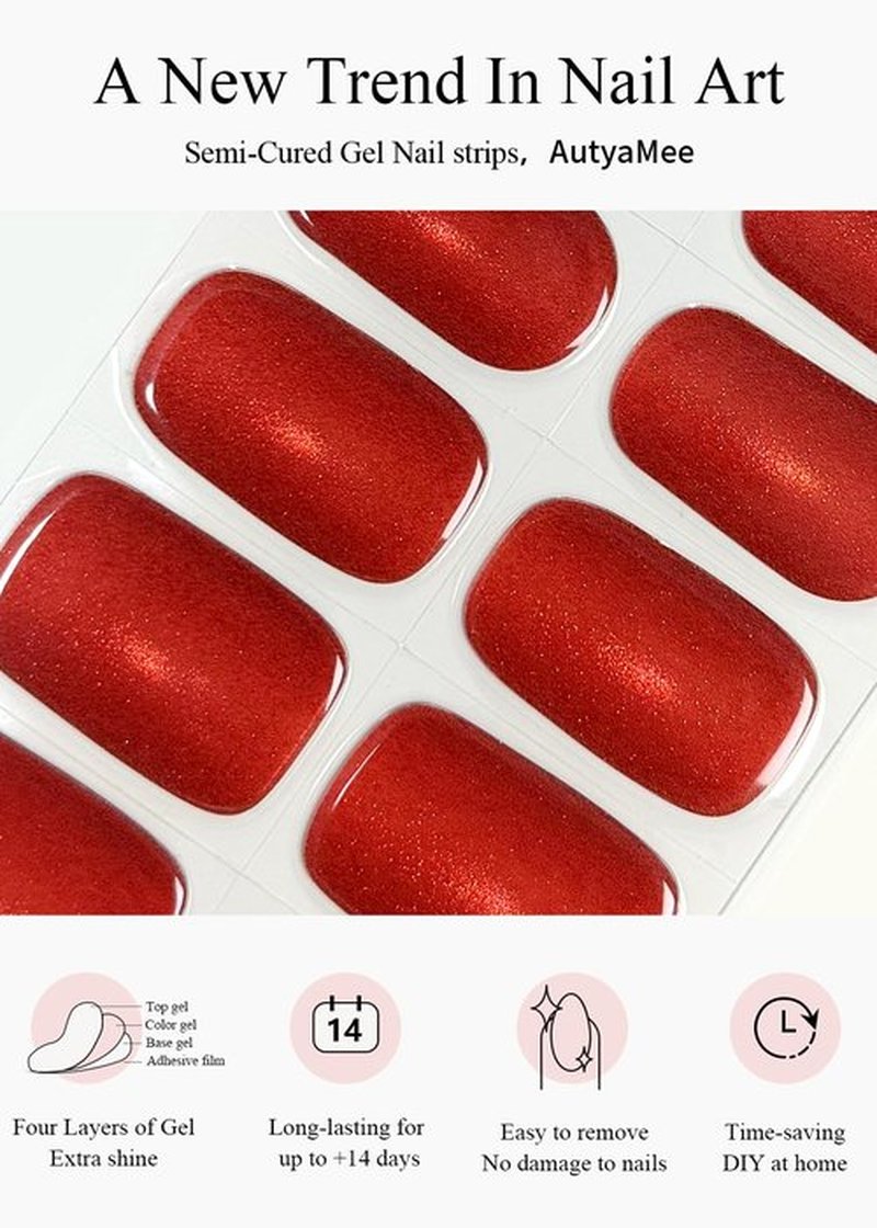 AutyaMee Semi Cured Gel Nail Strips (Red Light-Chasing Cat Eye), 20 Pcs Gel Nail Wraps, Stickers, Works with Any UV Lamps