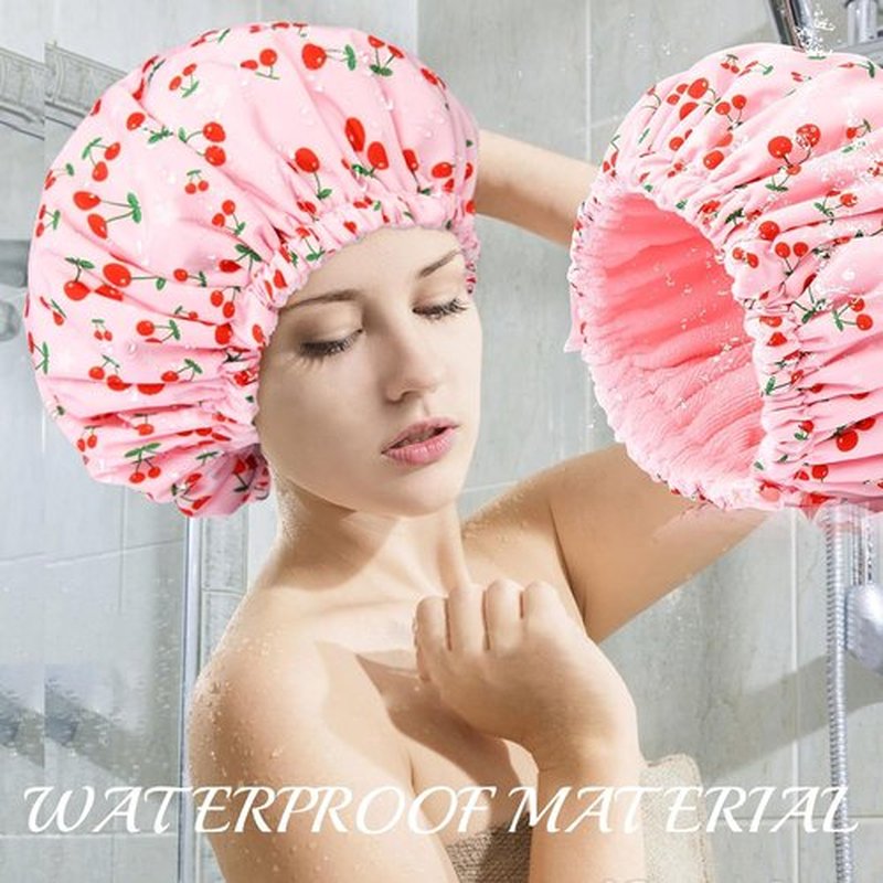 Skiennix Shower Cap - Terry Lined Waterproof Bath Cap for Long Thick Hair - Pink, Large Size