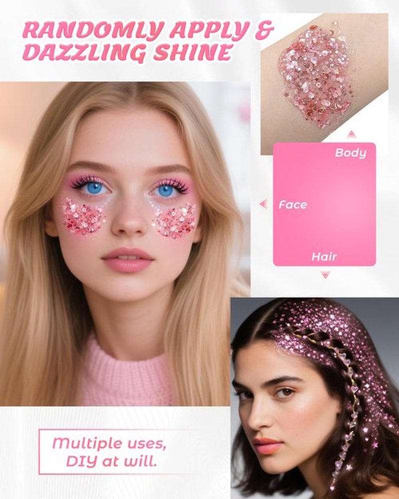 SUMEITANG 6PCS Pink Face Body Glitter Gel，Mermaid Holographic Sequins Chunky Glitter Paint for Party Singer Concerts Music Festival Rave Accessories for Girls Women Face Body Hair Sparkling Makeup