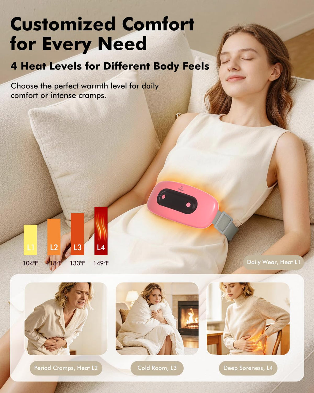 Electric Heating Pad, Portable Cordless Menstrual Heating Pad with 4 Heat Levels and 4 Massage Modes, Fast Large Heating Belly Wrap Belt for Cramps, Back Pain Relief Gifts for Women Girls Her (Pink)