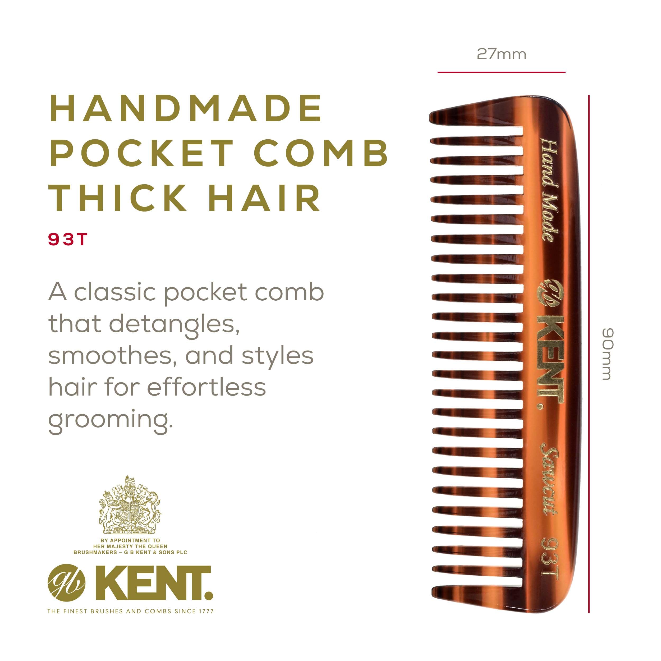 Kent 93T Tortoiseshell Beard Comb for Men - Wide Tooth Men's Comb, Ideal For Mustaches and Beards and Facial Hair, Small Pocket Sized Travel Detangler Combs, Saw-Cut, Hand Polished, Made in England
