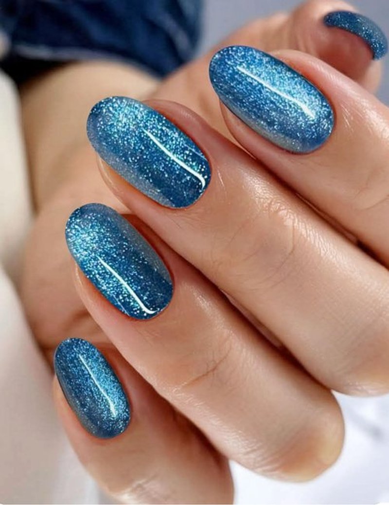 JMEOWIO Semi Cured Gel Nail Strips Blue Glitter Gel Nail Stickers Nails Art Design Decoration Accessories